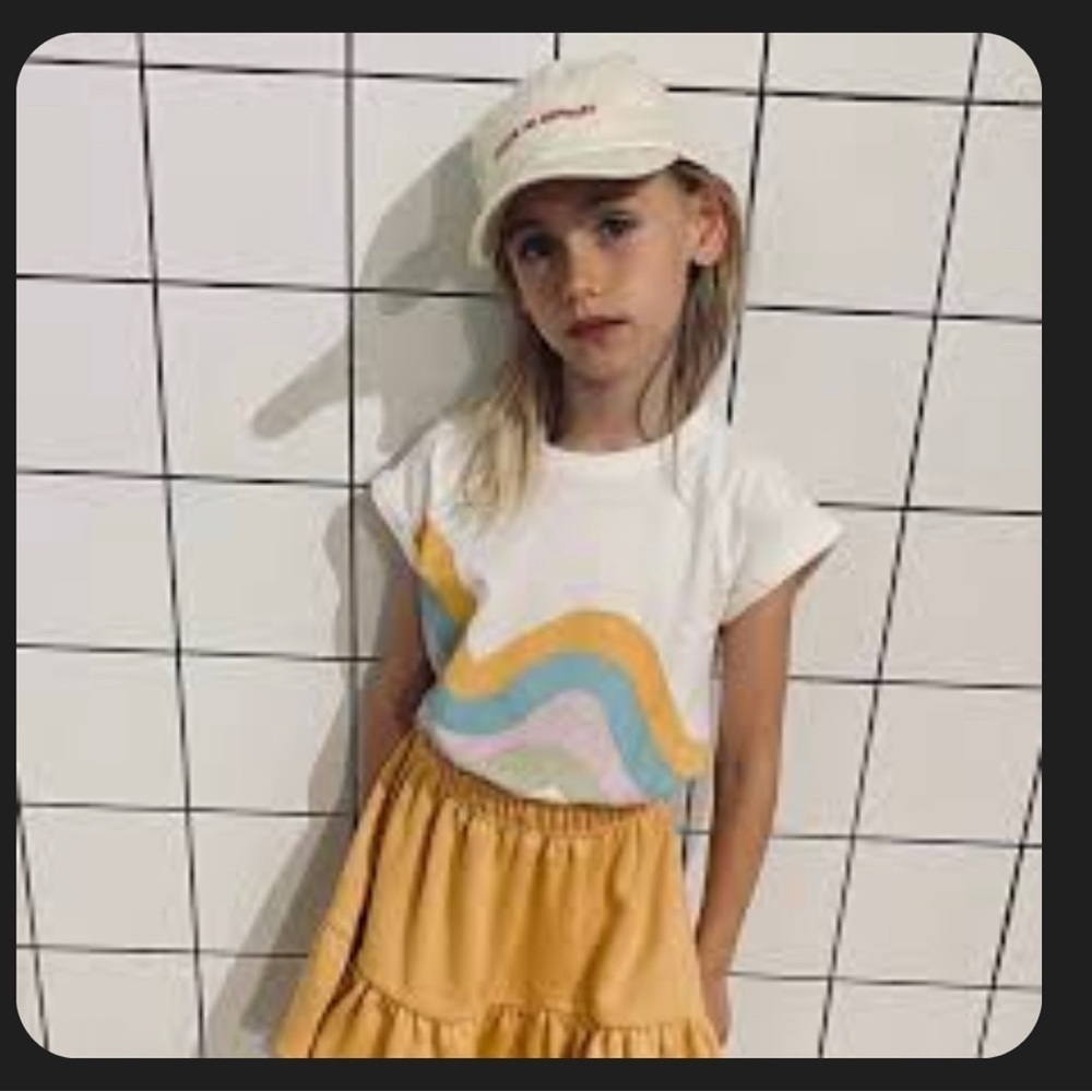 Kids' White T-Shirt with Colorful Wave Design by Cos I Said So. Euro 116/122